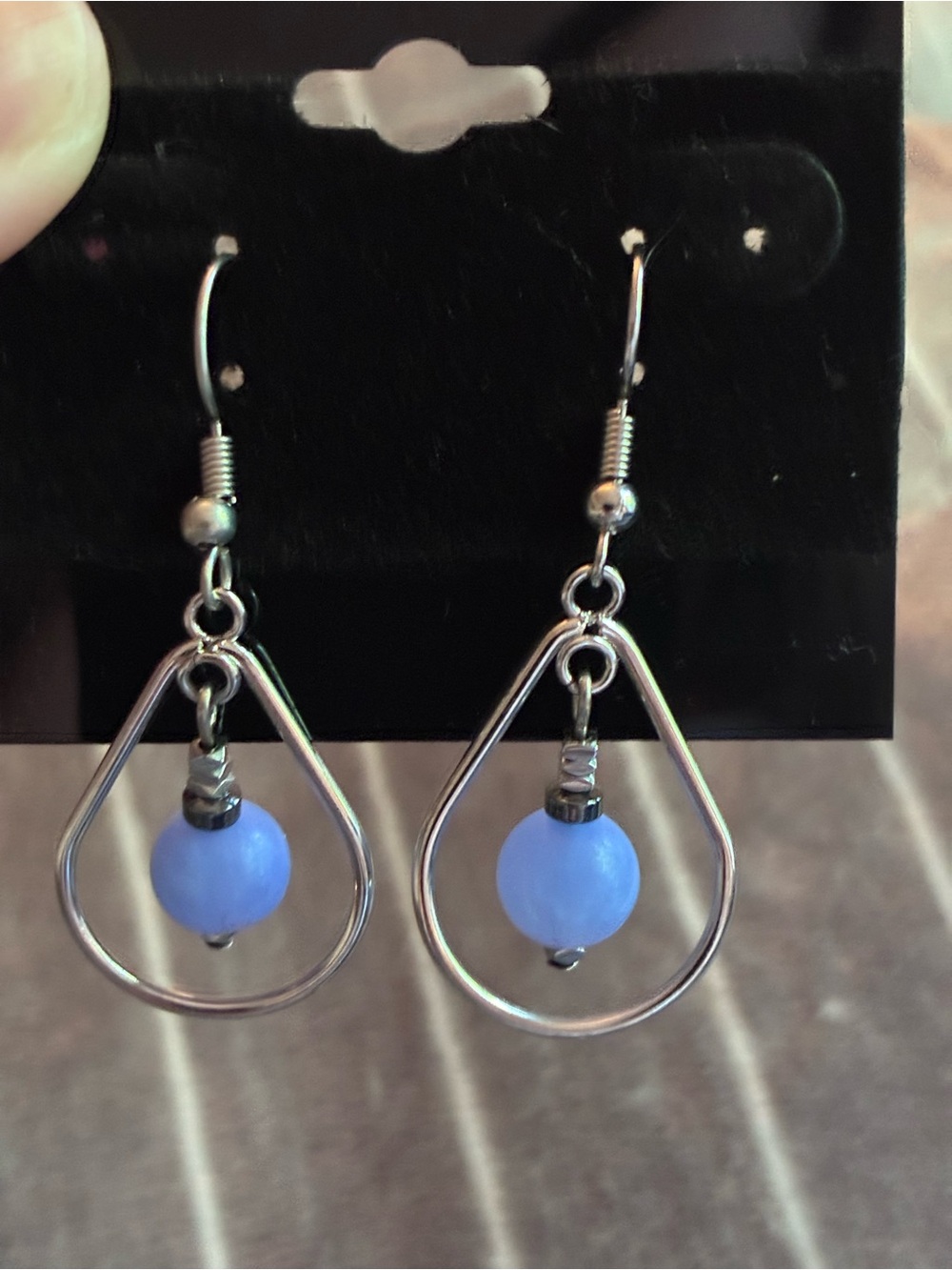 Silver Teardrop Earrings with Light Blue Bead